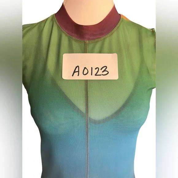 Pistola 2 piece Fine Mesh Rainbow Mini Dress Sz Small Festival Coachella Stretch - Picture 8 of 9